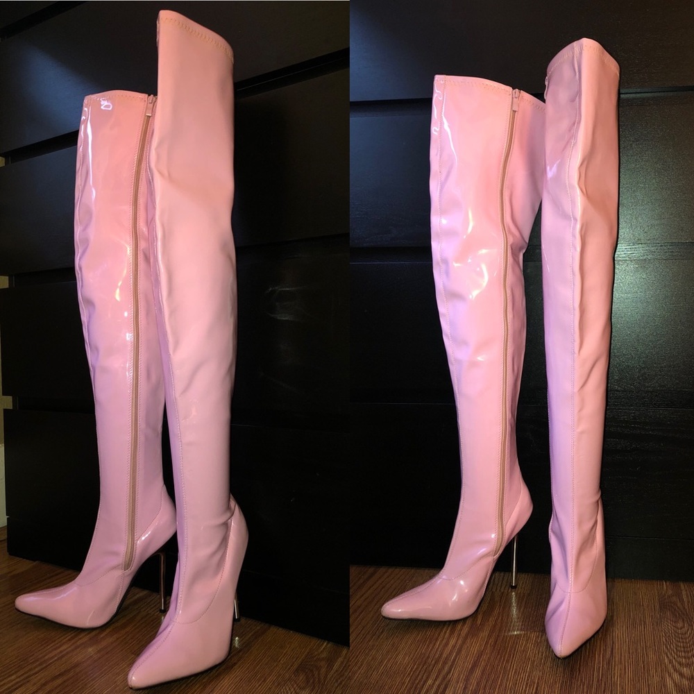 Pink patent faux leather over the knee boots